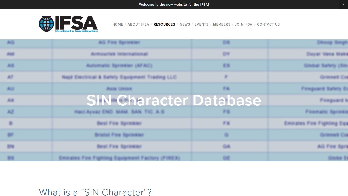 SIN Character Database - IFSA International Fire Suppression Alliance